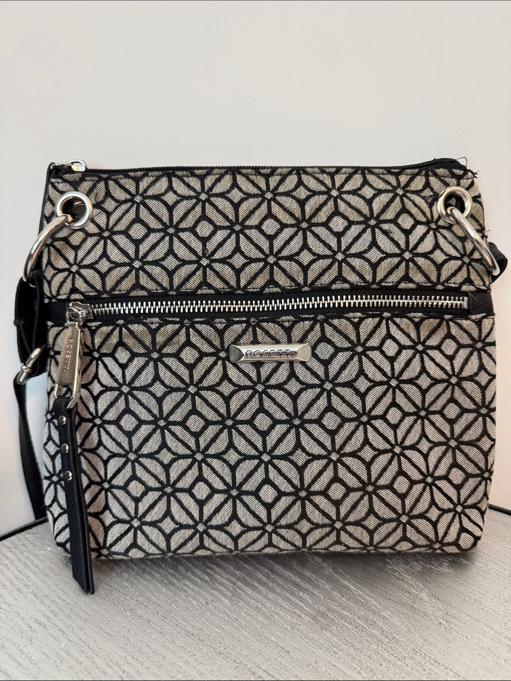 Rosetti Black and Cream Geometric Crossbody Bag